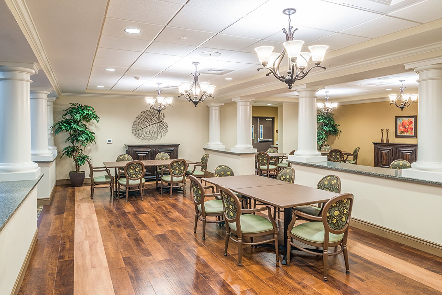 snack counter with seating areas